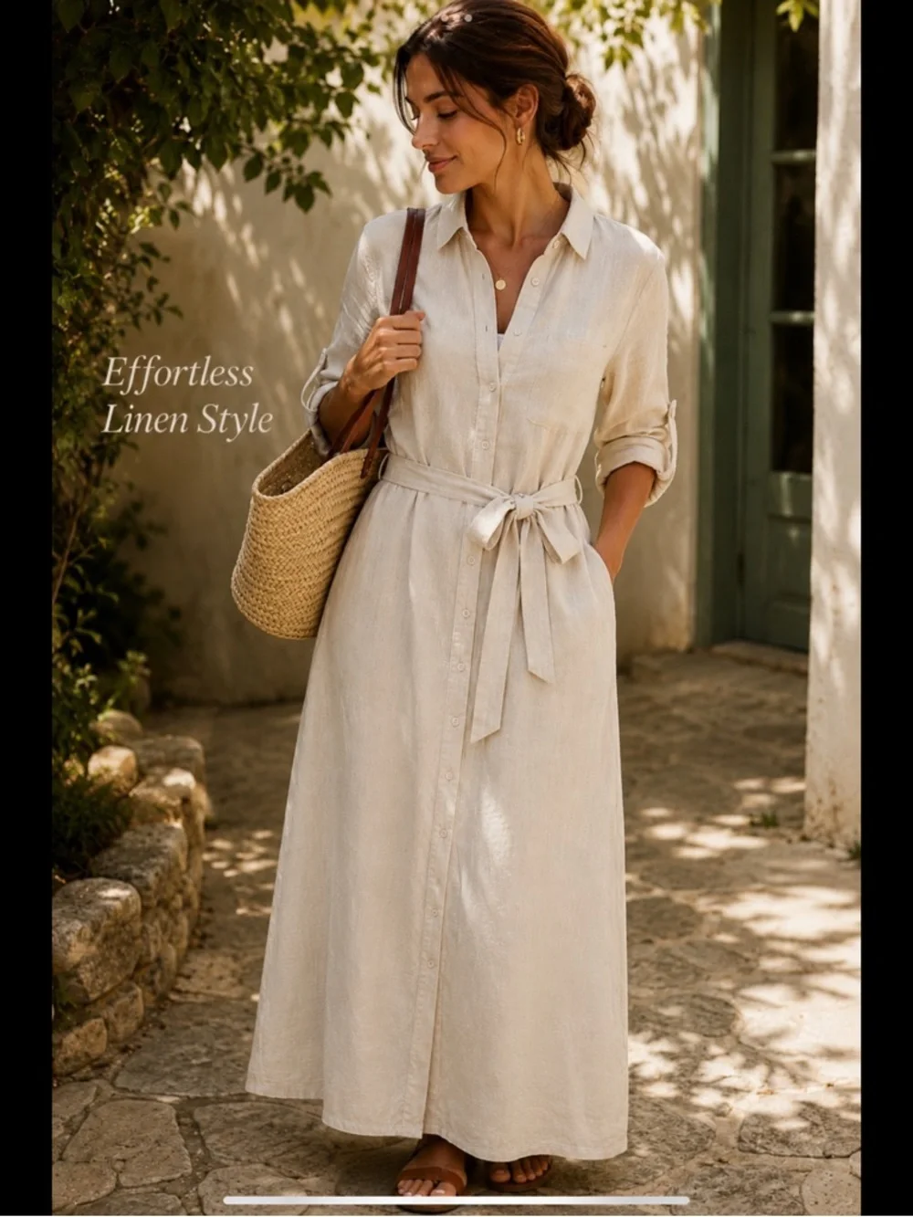 Natural Linen Coastal Maxi Shirtdress Belted Button Front Pockets S/P